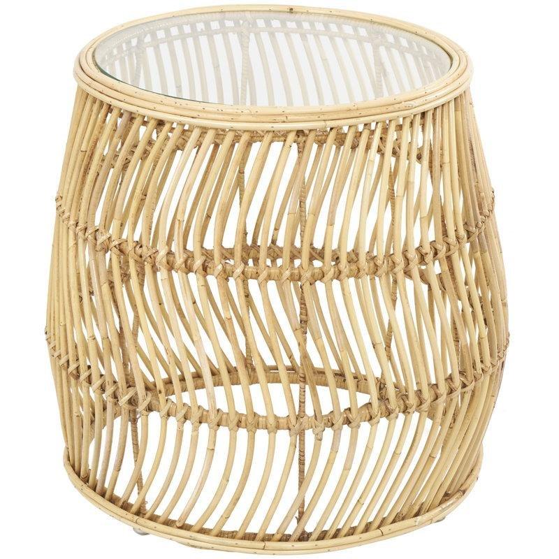 Kahverengi Hasır Dalgalı Örgü Cam Tablalı Hasır Yan Sehpa-55x54x53 cm - 113043