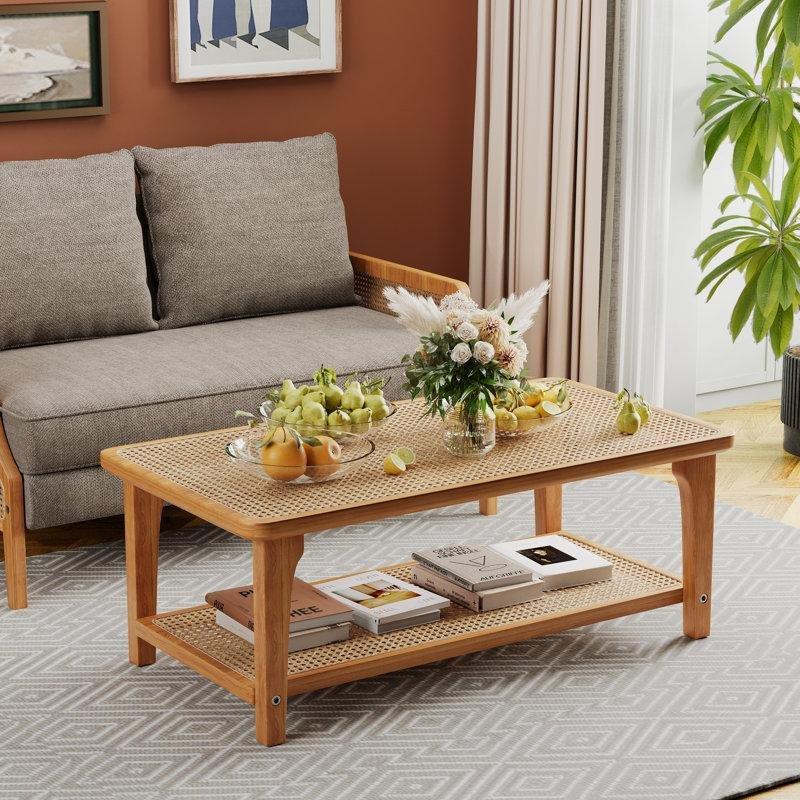 Kahverengi Hasır Tablalı Bohem Orta Sehpa 113x60x42 cm - 105190