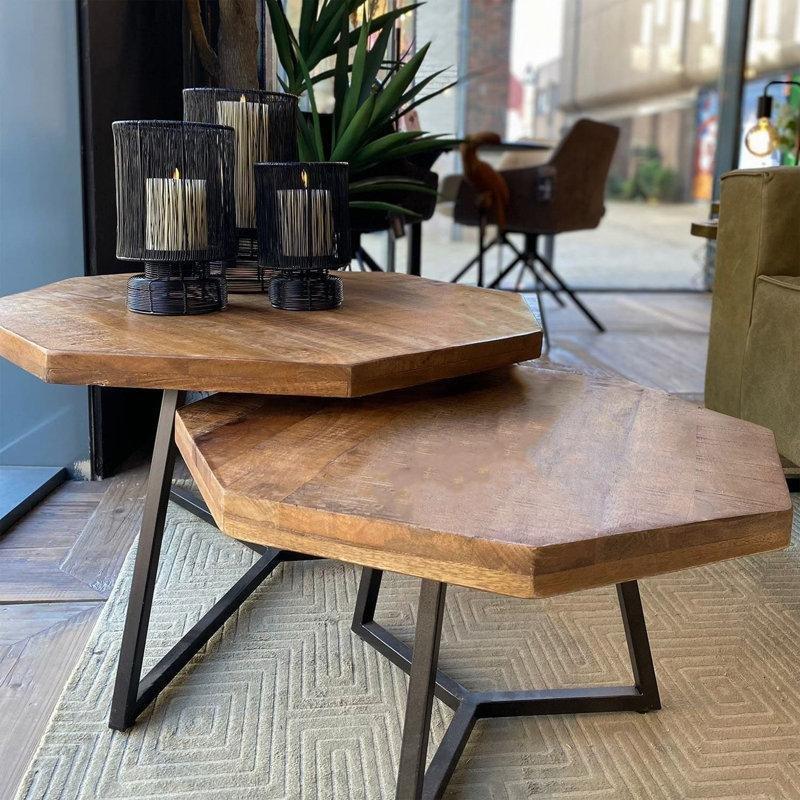 Kahverengi Mango Ağacı Petek Zigon Sehpa 76 cm Siyah Metal Ayaklı - 108466