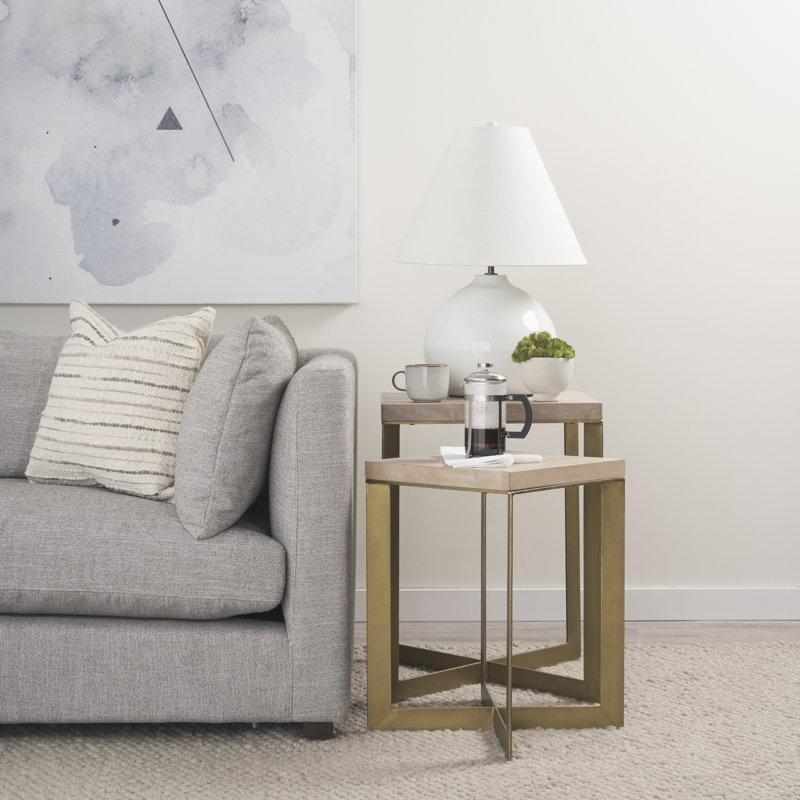 Kahverengi Mango Ahşap Kare Tablalı Gold Metal Ayaklı İkili Klasik Zigon Sehpa 48x48x66 cm - 108322