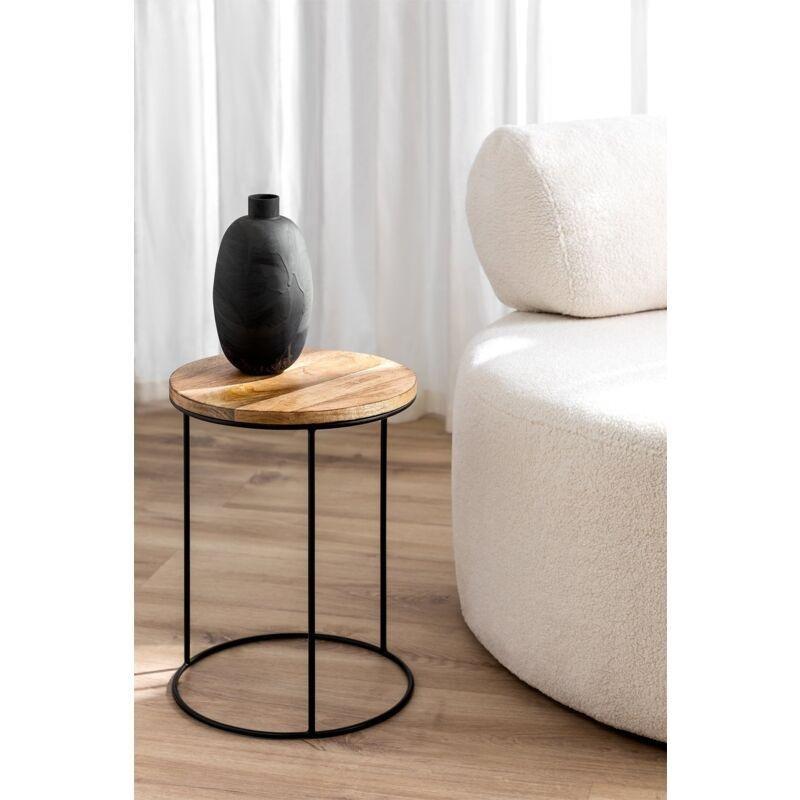 Kahverengi Mango Ahşap Metal Ayaklı Yuvarlak Ahşap Yan Sehpa-41x30x30 cm - 110740