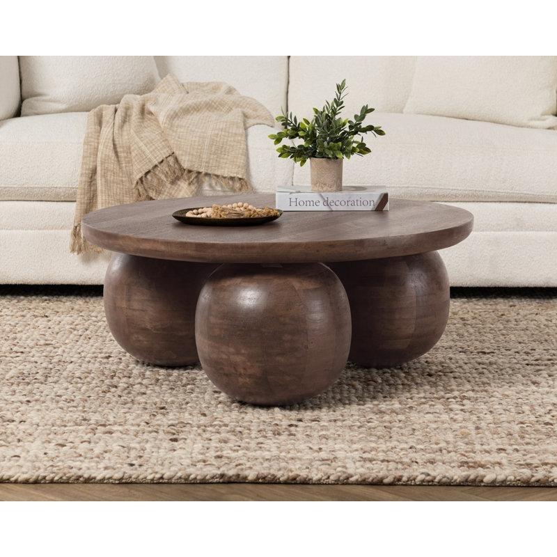 Kahverengi Mango Masif Ahşap Top Ayaklı Yuvarlak Orta Sehpa 92x92x38 cm - 105928