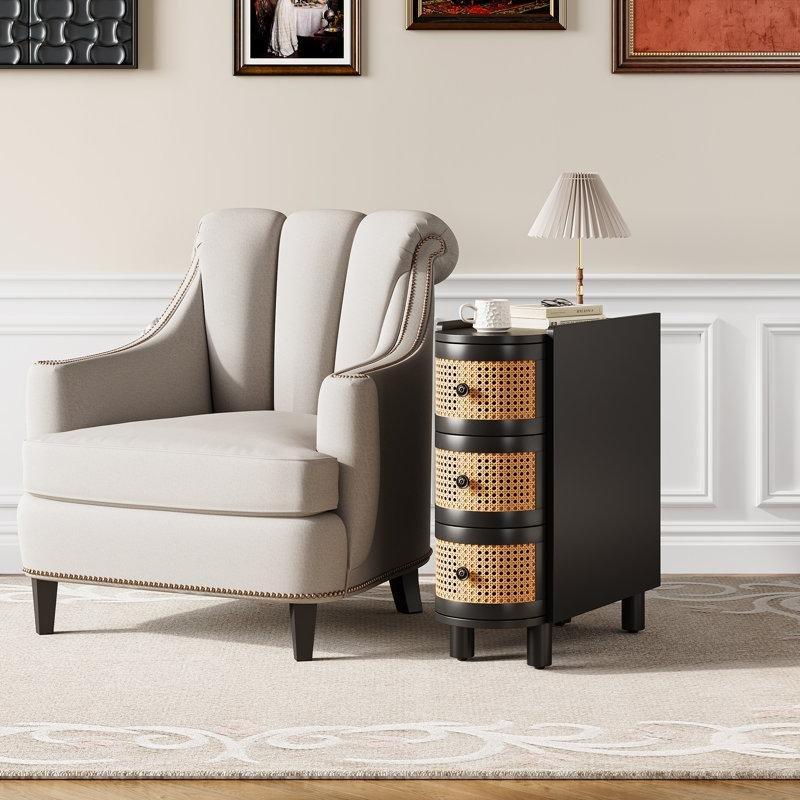 Kahverengi Masif Ahşap Hasır Çekmeceli Yan Sehpa-60x27x68 cm - 113073