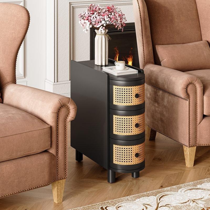 Kahverengi Masif Ahşap Hasır Çekmeceli Yan Sehpa-60x27x68 cm - 113073