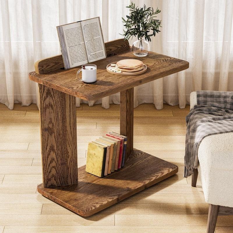 Kahverengi Masif Ahşap Kitaplık Oluklu Gazetelik Yan Sehpa-150x65x40 cm - 112971