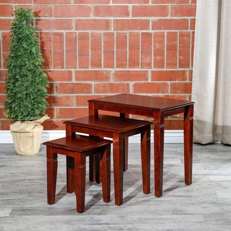 Kahverengi Masif Ahşap Klasik Zigon Sehpa Üçlü Set 58x38x53 cm - 108310