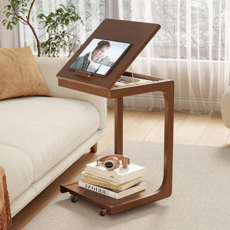 Kahverengi Masif Ahşap Tekerlekli Ayarlanabilir C Ayaklı Laptop Sehpası-53x40x39 cm - 113280