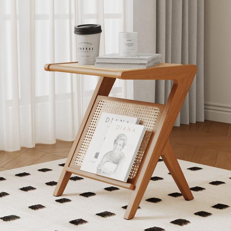 Kahverengi Masif Ahşap ve Hasır Raflı Gazetelik Hasır Yan Sehpa-58x48x44 cm - 113079