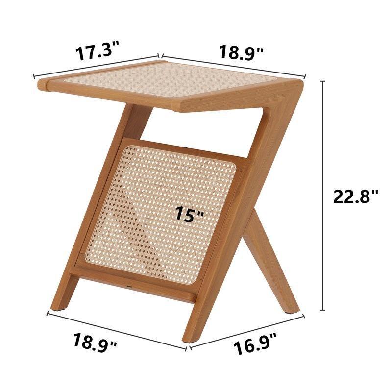 Kahverengi Masif Ahşap ve Hasır Raflı Gazetelik Hasır Yan Sehpa-58x48x44 cm - 113079