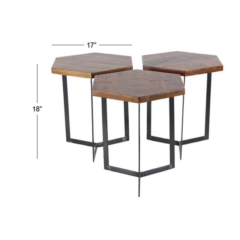 Kahverengi Masif Mango Ahşap Petek Zigon Sehpa 46x43x43 cm Metal Ayaklı Üçlü Set - 108463