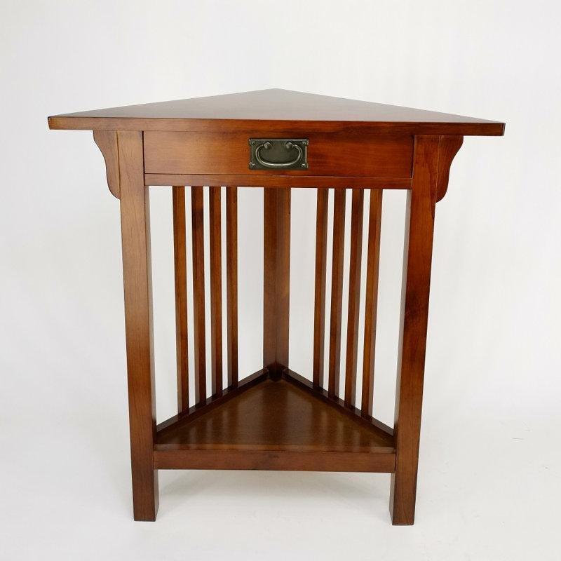 Kahverengi Masif Meşe Çekmeceli Raflı Üçgen Yan Sehpa-77x71x30 cm - 113196