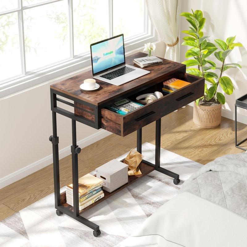 Kahverengi MDF Ayarlanabilir Yükseklik Tekerlekli Çekmeceli Raflı Laptop Sehpası-80x45x70-105 cm - 113310