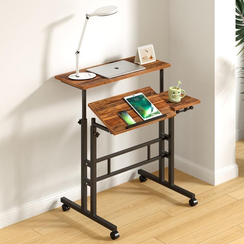 Kahverengi MDF Ayarlanabilir Yükseklik Tekerlekli Eğimli Laptop Sehpası-71x59x73-126 cm - 113325