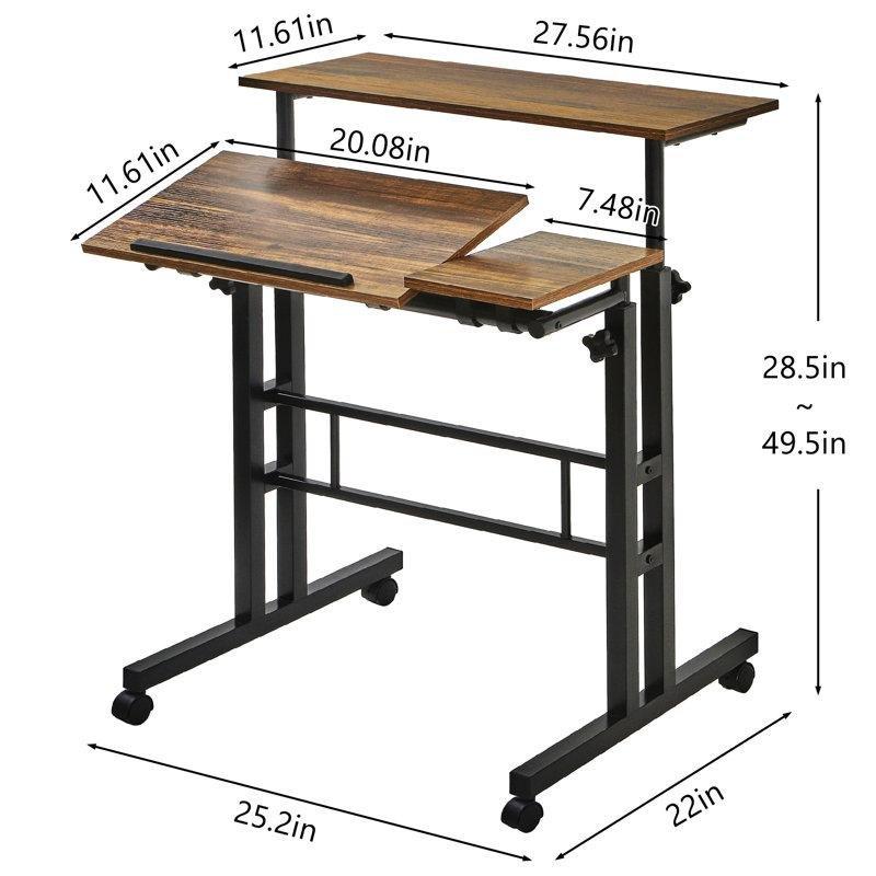 Kahverengi MDF Ayarlanabilir Yükseklik Tekerlekli Eğimli Laptop Sehpası-71x59x73-126 cm - 113325