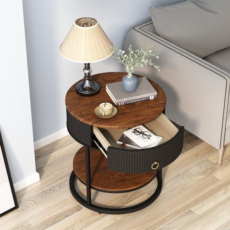 Kahverengi MDF Çekmeceli Raflı Gazetelik Yan Sehpa-56x51x51 cm - 112977