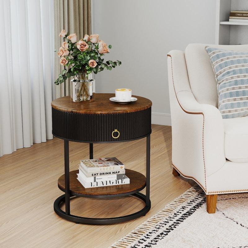 Kahverengi MDF Çekmeceli Raflı Gazetelik Yan Sehpa-56x51x51 cm - 112977