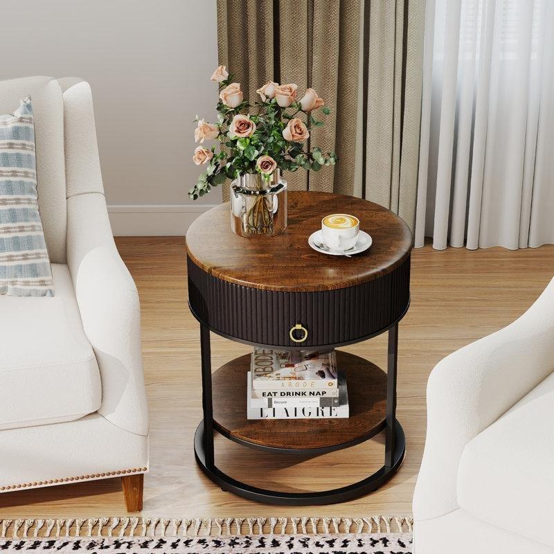 Kahverengi MDF Çekmeceli Raflı Gazetelik Yan Sehpa-56x51x51 cm - 112977