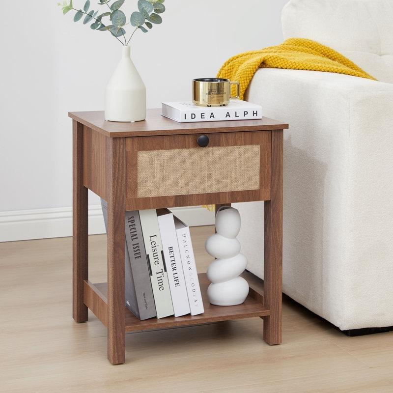 Kahverengi MDF Çekmeceli Raflı Hasır Yan Sehpa-55x45x38 cm - 113037