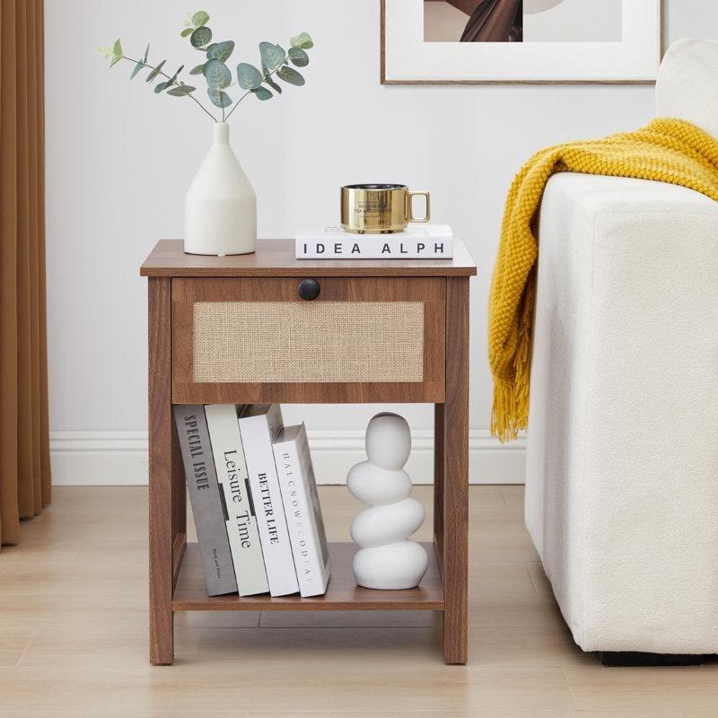 Kahverengi MDF Çekmeceli Raflı Hasır Yan Sehpa-55x45x38 cm - 113037