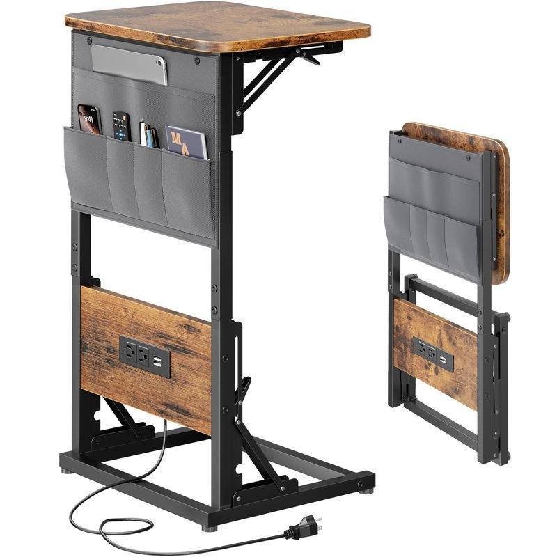 Kahverengi MDF Katlanır Şarj İstasyonlu C Ayaklı Laptop Sehpası-72x40x30 cm - 113271