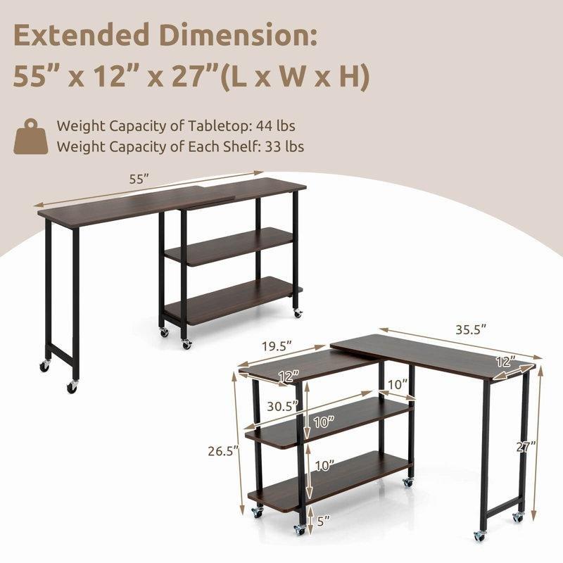 Kahverengi MDF Metal 360 Derece Döner Raflı Tekerlekli Laptop Sehpası-140x31x69 cm - 113337