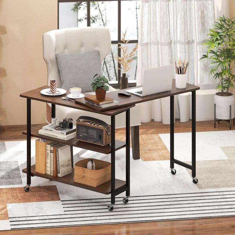 Kahverengi MDF Metal 360 Derece Döner Raflı Tekerlekli Laptop Sehpası-140x31x69 cm - 113337