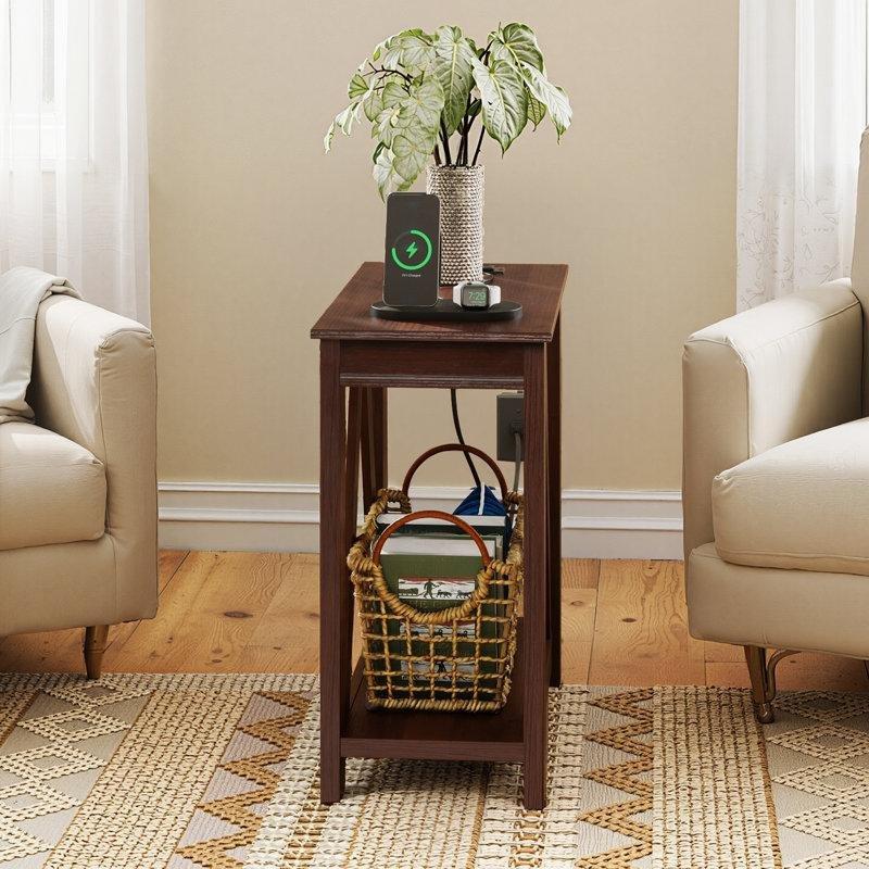 Kahverengi MDF Şarj İstasyonlu Raflı Gazetelik Yan Sehpa-60x30x11 cm - 112905