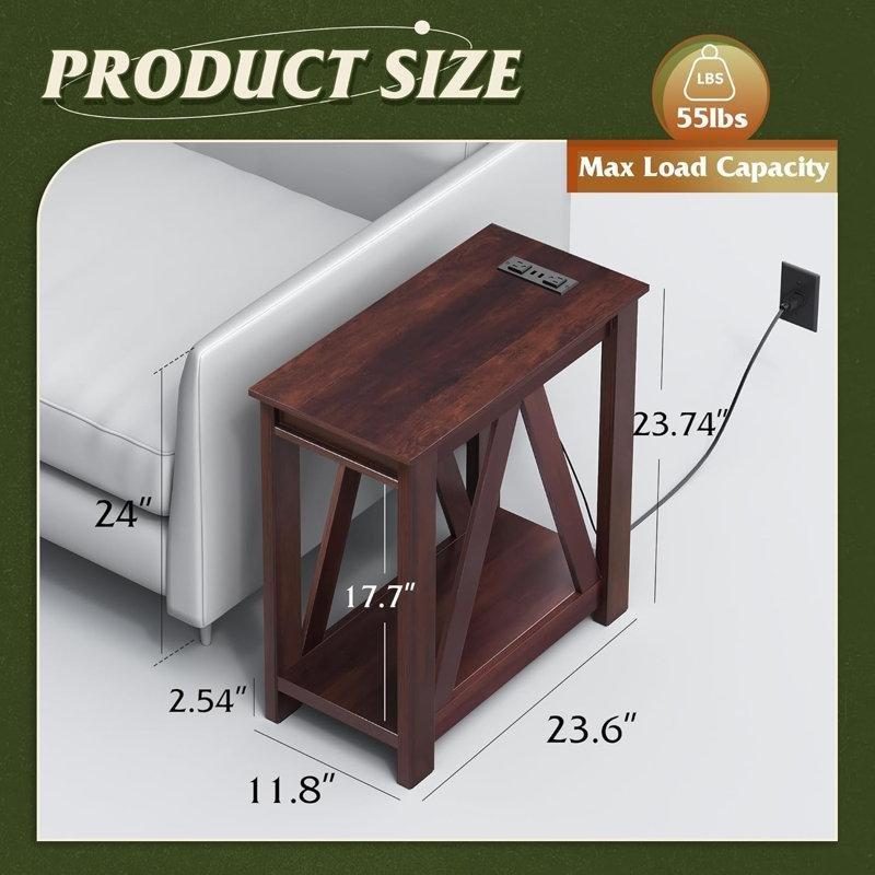 Kahverengi MDF Şarj İstasyonlu Raflı Gazetelik Yan Sehpa-60x30x11 cm - 112905