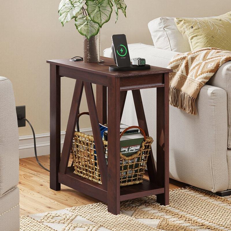 Kahverengi MDF Şarj İstasyonlu Raflı Gazetelik Yan Sehpa-60x30x11 cm - 112905