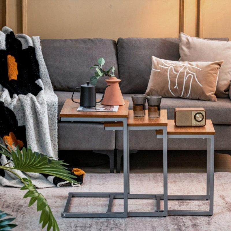 Kahverengi MDF Üzeri Gri Metal Ayaklı C Zigon Sehpa 51x36x56 cm - 108163