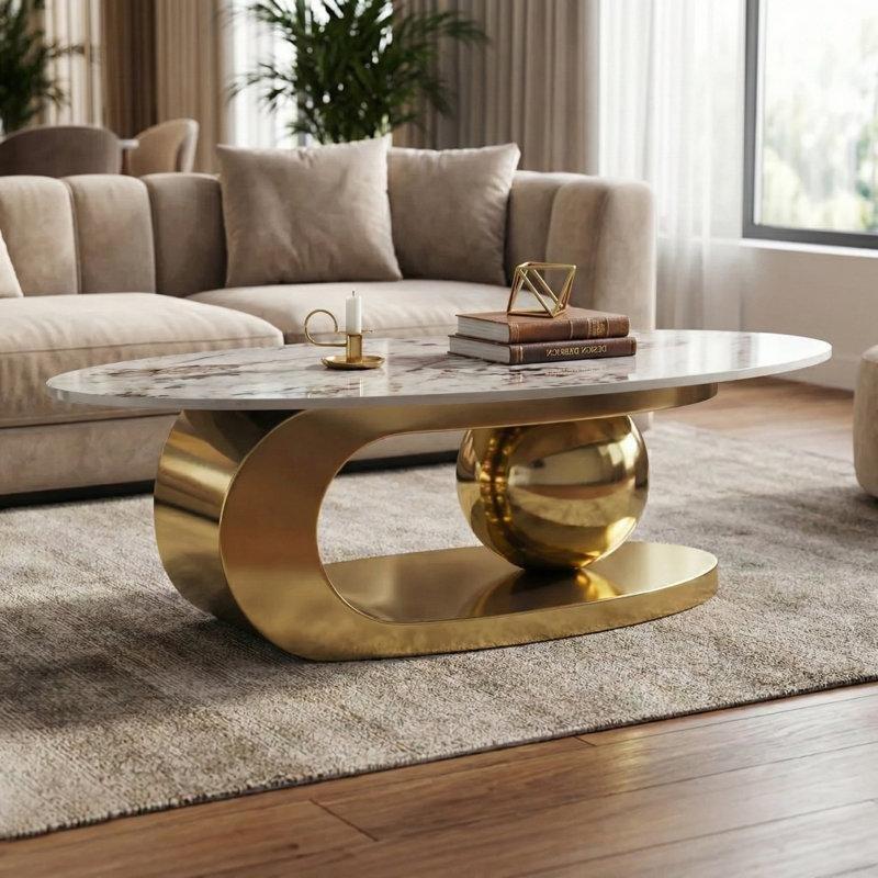 Kahverengi Porselen Orta Sehpa 130x70 cm Gold Ayaklı Oval - 105907