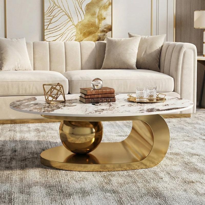 Kahverengi Porselen Orta Sehpa 130x70 cm Gold Ayaklı Oval - 105907