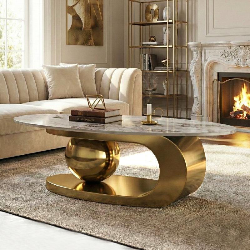 Kahverengi Porselen Orta Sehpa 130x70 cm Gold Ayaklı Oval - 105907