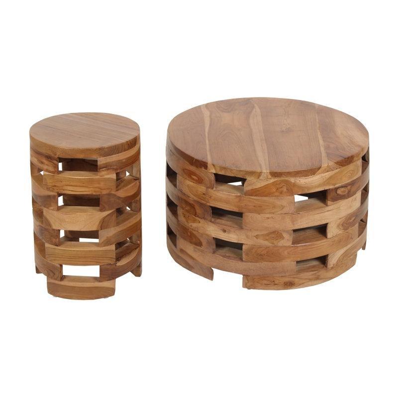 Kahverengi Tekli Çıtalı Doğal Ahşap Yuvarlak Bohem Orta Sehpa 60 cm - 105253