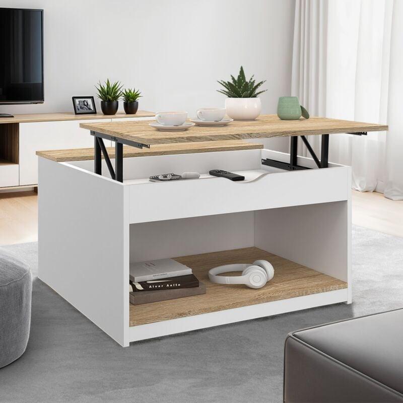 Kare Açılır Akıllı Sehpa Beyaz ve Ahşap Rengi 70x70x42 cm - 101659