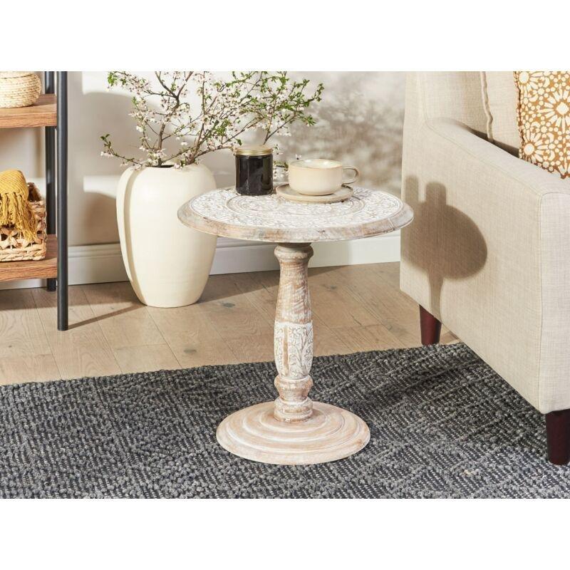 Kırık Beyaz Mangodan Ahşap Eskitme Boyalı Yuvarlak Ahşap Yan Sehpa-45x45x43 cm - 110706