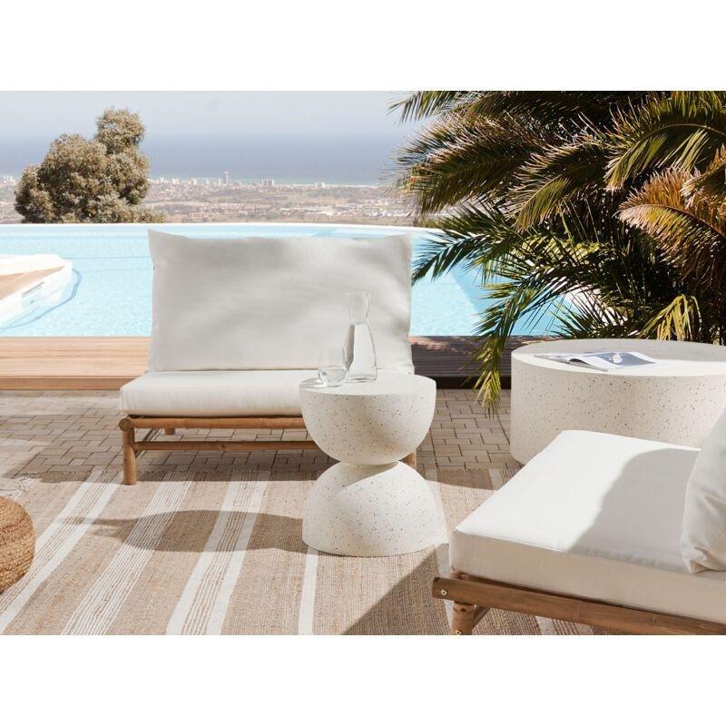Kırık Beyaz Seramik Terrazzo Desenli UV Dayanımlı Traverten Yan Sehpa-40x40x46 cm - 111871