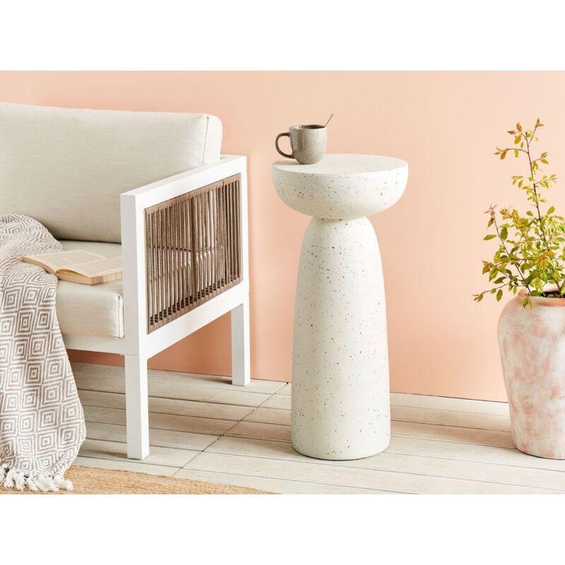 Kırık Beyaz Seramik Terrazzo Efektli Yuvarlak Traverten Yan Sehpa-33x33x71 cm - 111907