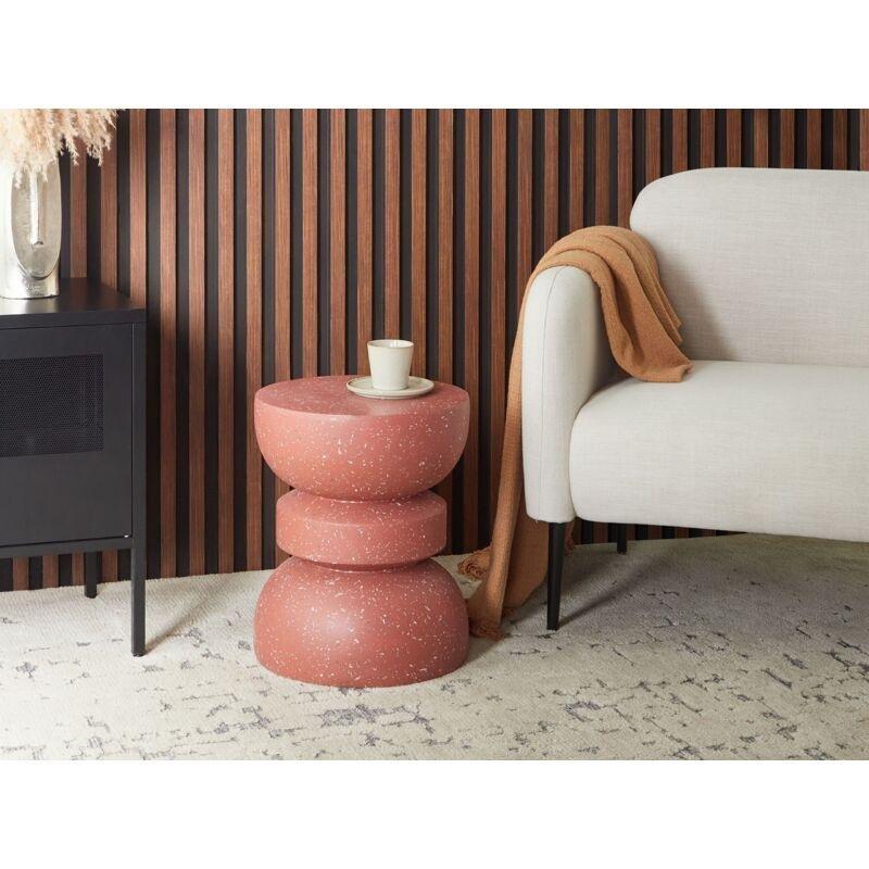 Kırmızı Seramik UV Dayanımlı Yuvarlak Traverten Yan Sehpa-37x37x45 cm - 111966
