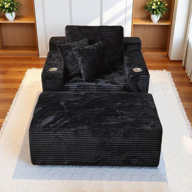 Kordon Kadife Kumaşlı Puf Dinlenme Koltuğu ve Puf Seti, Bardaklıklı, Siyah-171 x 125 x 69 cm - 109460