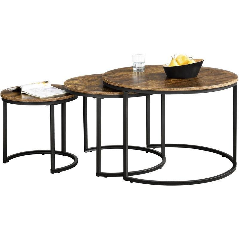 Koyu Ahşap Desenli Üçlü Zigon Sehpa 78 cm Yuvarlak Siyah Metal Ayaklı - 107728