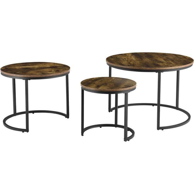 Koyu Ahşap Desenli Üçlü Zigon Sehpa 78 cm Yuvarlak Siyah Metal Ayaklı - 107728