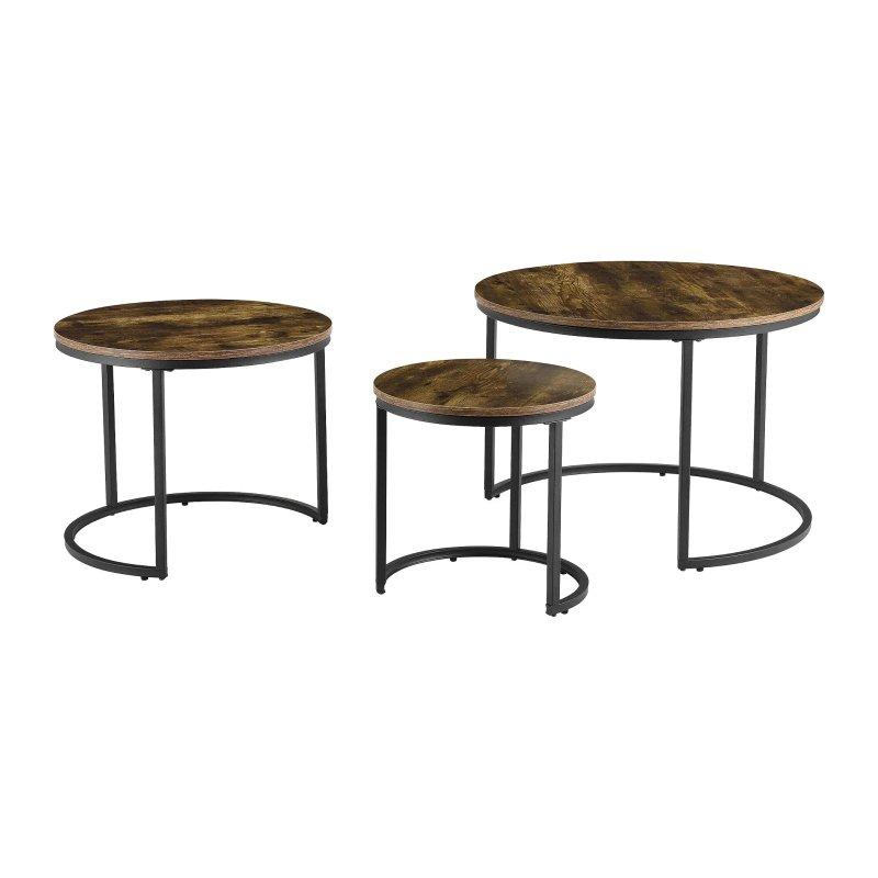 Koyu Ahşap Desenli Yuvarlak Zigon Sehpa Takımı 78 cm - 3'lü Set - 106540