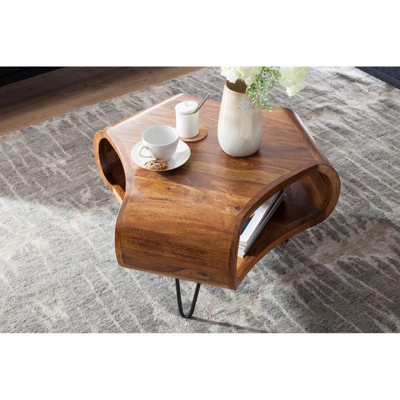 Koyu Ahşap Masif Ahşap Metal Bölmeli Tasarım Yan Sehpa-55x38x55 cm - 110270