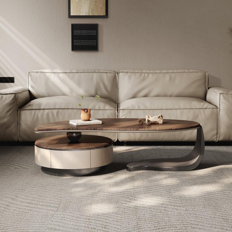 Koyu Ceviz Renkli Orta Sehpa 160x80 cm 2 Çekmeceli Yaprak Formlu Masif Ahşap - 105475