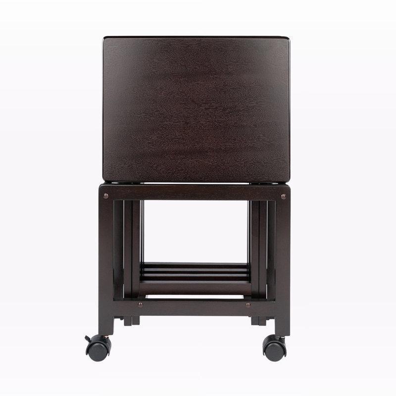 Koyu Kahverengi Masif Ahşap Katlanır Zigon Sehpa 5'li Tekerlekli Set 65x48x30 cm - 108238