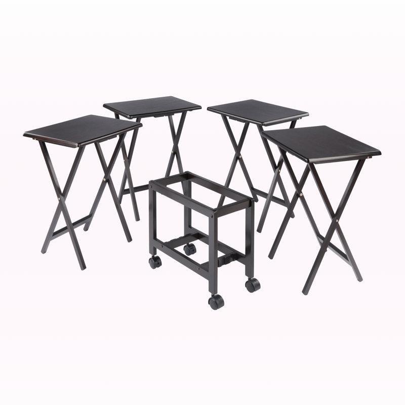 Koyu Kahverengi Masif Ahşap Katlanır Zigon Sehpa 5'li Tekerlekli Set 65x48x30 cm - 108238