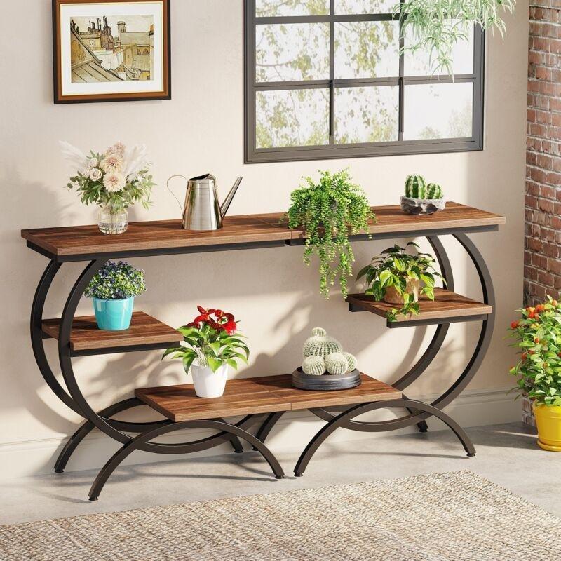 Koyu Kahverengi Siyah Yonga Levha 3 Raflı C Şekilli Ahşap Yan Sehpa-65x60x30 cm - 110391