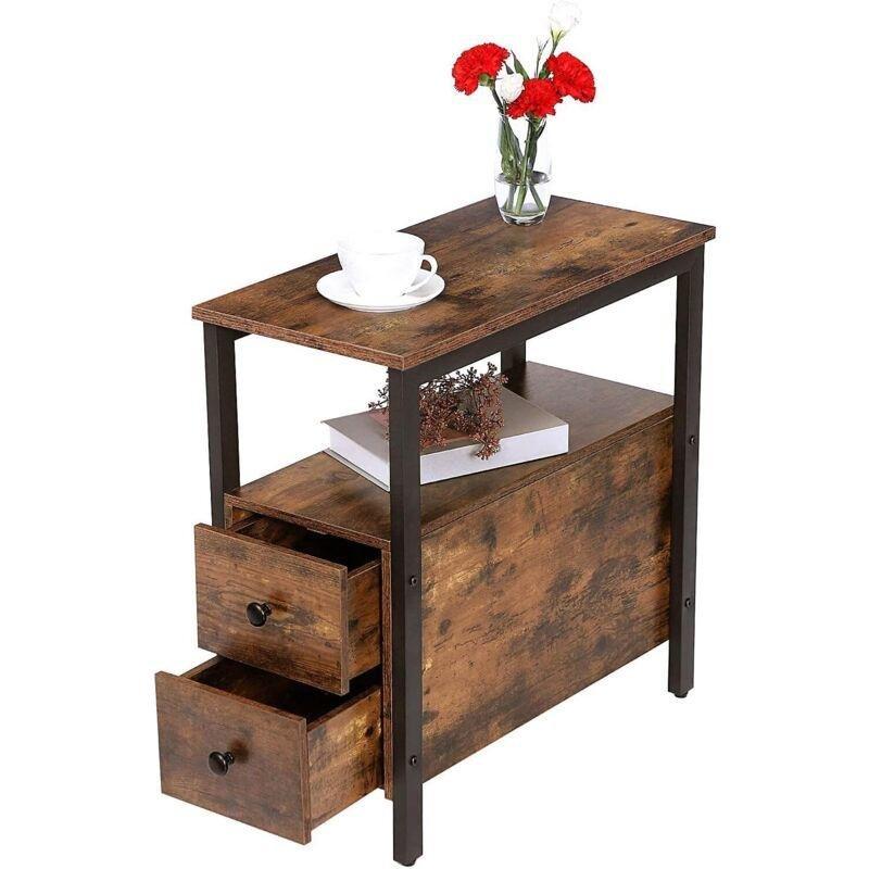 Koyu Kahverengi Siyah Yonga Levha Metal 2 Çekmeceli Ahşap Yan Sehpa-48x30x62 cm - 110559