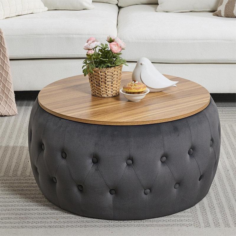 Krem Kadife Dörtgen Orta Sehpa Doğal Ahşap Üstlü 79x79 cm - 104395